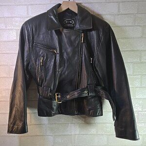 Vintage Tannery West Women's Black Leather Jacket Belt Size XS Biker Moto
